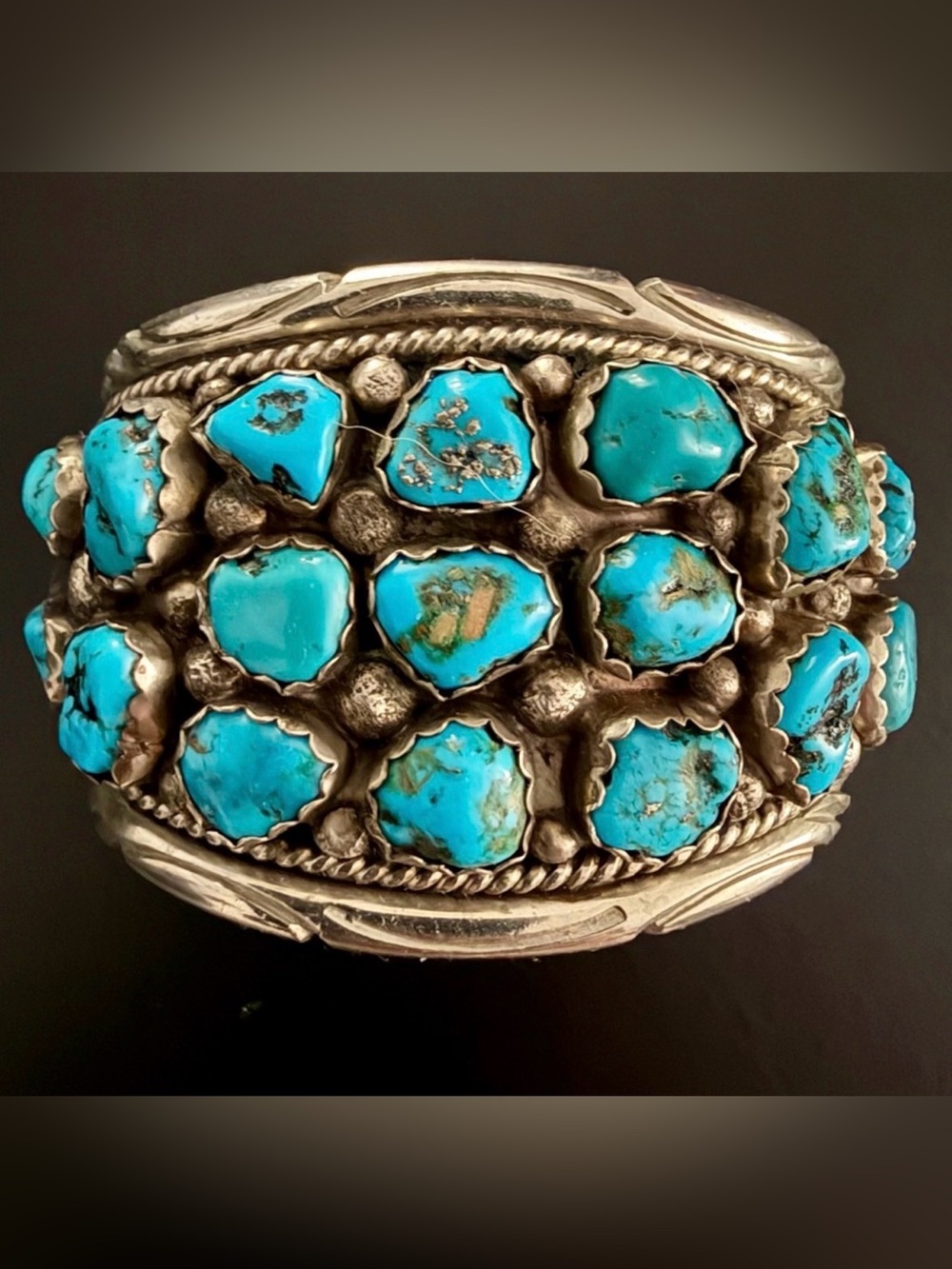 Massive Vintage Navajo Nugget Turquoise Sterling Silver Cuff Bracelet 66 Grams